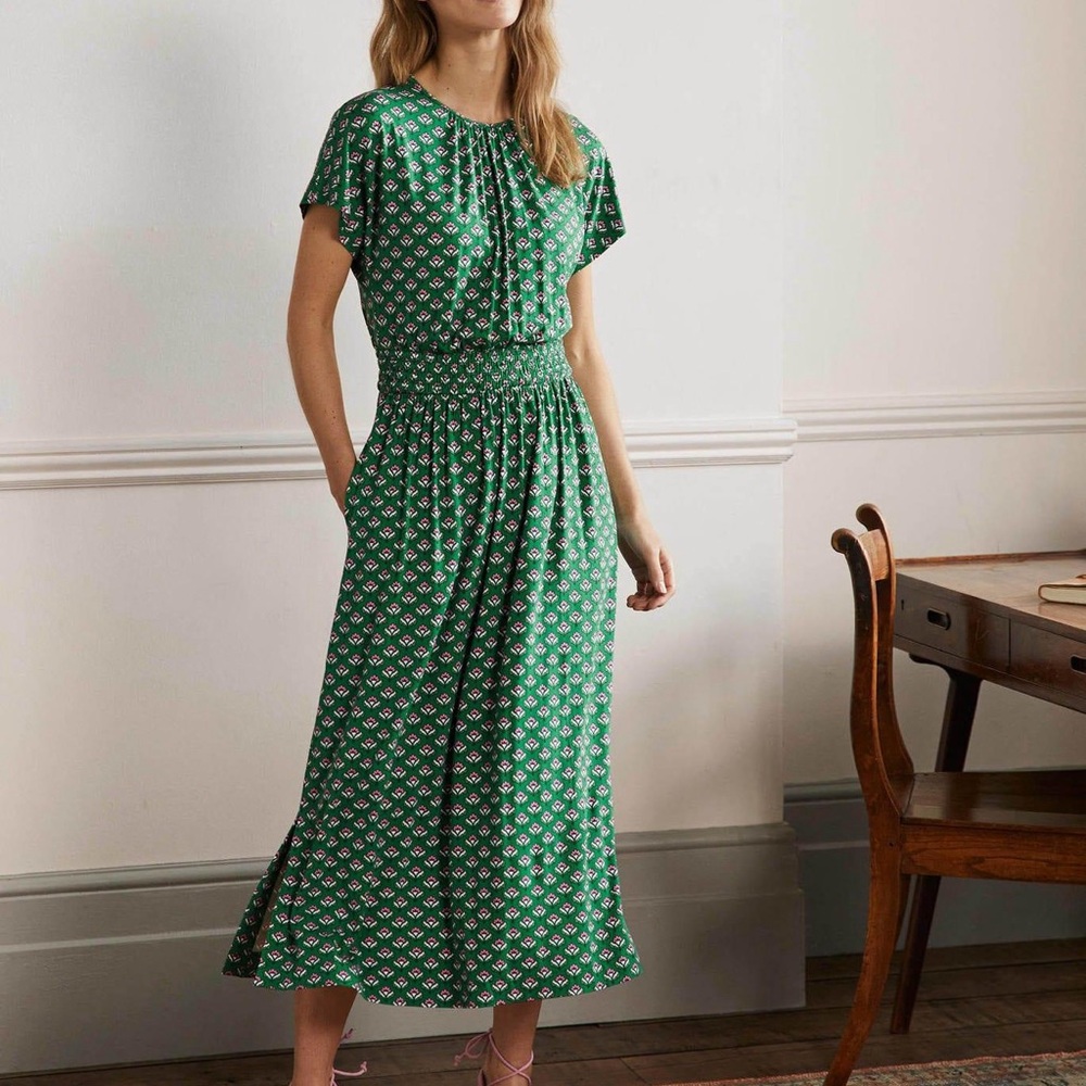 Boden Jersey Midi Dress Highland Geo Green